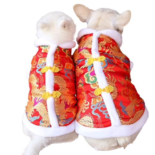 BAMY Neujahr Hund Drachen Robe Kostüm Warme Katze Cheongsam Winter Haustier Kleidung Weste der Tang-Dynastie Weihnachtsmantel für Katzen Teddy Bichon Kleine Mittlere Hunde (L (Brustumfang 47 cm)) von BAMY