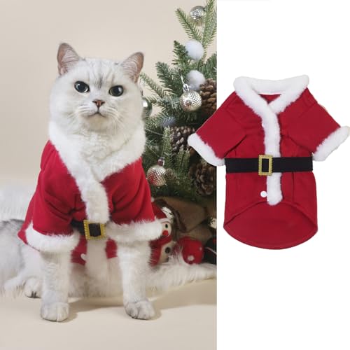 BAMY Weihnachts-Bademantel für Katzen, Weihnachtsmann, Haustierkostüm, warme Katzen, Kapuzenpullover, Winter, Welpen, Outfits, Mantel für Frühling, Festival, Neujahr (L (Brustumfang 50 cm) von BAMY