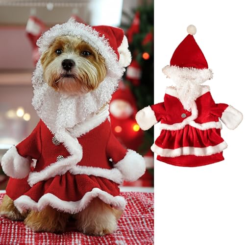 BAMY Weihnachtsmann-Hundekleid und -mütze, stehendes Kostüm, Weihnachten, Hundekleidung, warme Katzen, Rock, Winter-Hunde-Outfits, Hoodie für Frühling, Festival, Neujahr (L (Brustumfang 53,8 cm) von BAMY