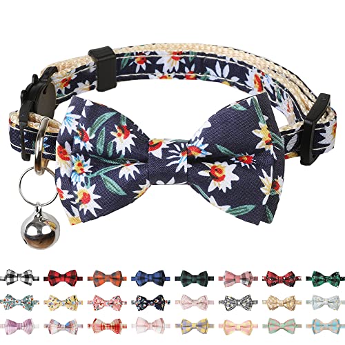 BANMODER Katzenhalsband mit Glöckchen, niedliche Katzen-Fliege, 1 Stück, Sicherheitskätzchen, kariert und Blumenhalsband für Mädchen, Jungen, männliche Katzen (Dunkelblau/Blume) von BANMODER