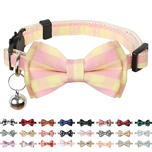 BANMODER Katzenhalsband, mit niedlicher Fliege und Glöckchen, personalisierbar, 1 oder 2 Stück, Geschenk für verstellbare Kätzchen-Sicherheitshalsbänder (Gelb/Rosa kariert) von BANMODER