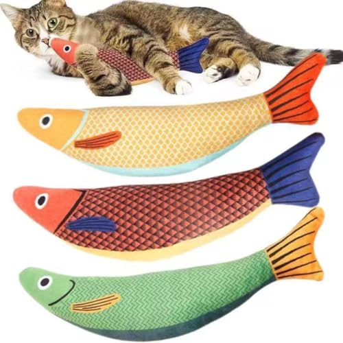 BANSHAN 3 Haustier Spielzeug Katze Kauspielzeug ABS Sound Box mit Katzenminze Big Messer Fisch Plüsch Cartoon Spielzeug (Gelb, Grün, Orange) von BANSHAN