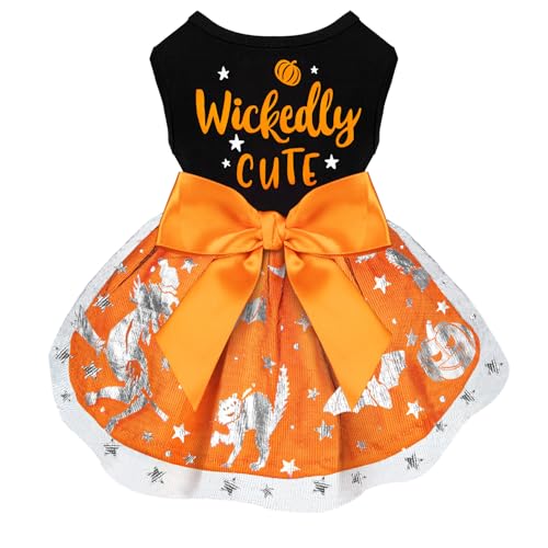 Hund Halloween Kostüme Tüll Kleider, Wickedly Cute Halloween Kostüme für Hunde Lustiges Welpenkleid mit Schleife für Kleine Große Hunde, Kürbis Hexe Fledermaus Haustier Kostüm Halloween Weihnachten von BAOBICUTE