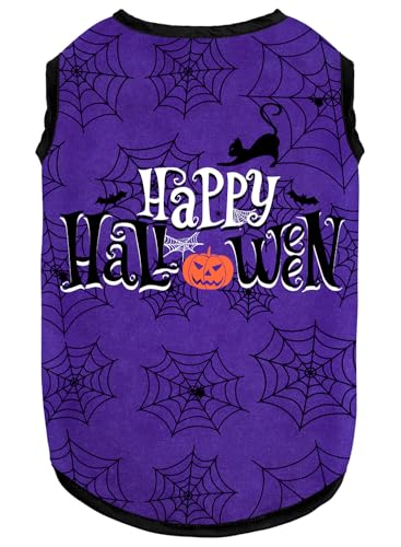 BAOBICUTE Halloween-Shirt, weiche Baumwolle, dehnbar, leicht, Hunde-T-Shirt, ärmellos, Weste, Katzenkostüm, Kleidung für kleine, mittelgroße und große Hunde (Happy Halloween, groß) von BAOBICUTE