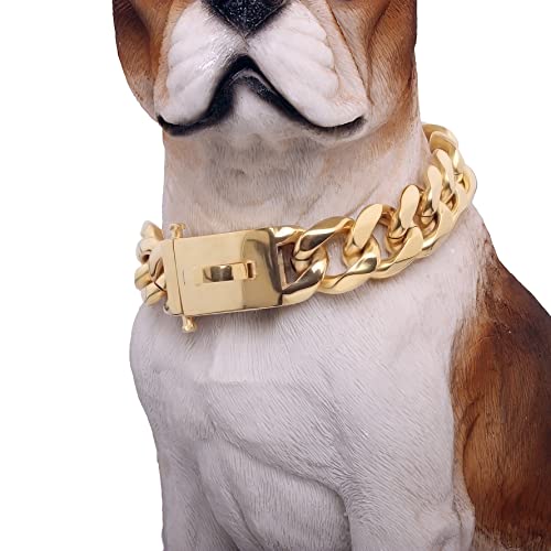 BAOBOTE Goldketten-Hundehalsband mit sicherer Schnappschnalle, 19 mm, kubanisches Glieder-Hundehalsband, kaufest, strapazierfähig, Pitbull-Halsband für mittelgroße und große Hunde (30,5 cm, Gold) von BAOBOTE