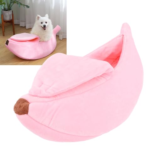 BAOFUYA Halbgeschlossenes Bananen-Haustierhaus für den Winter, Haken- und Flexibles Bezugsdesign, Waschbar, Rosa, Abnehmbares Bananenform-Boots-Haustierbett für Kleine Katzen und Hunde von BAOFUYA