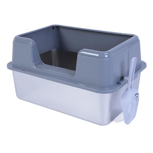 Edelstahl-Katzentoilette, 20 L, Spritzwassergeschützt, Große Katzentoilette, Metall-Katzentoilette mit Hohem Rand für Hochpinkelnde Katzen, Inklusive Schaufel (Gray) von BAOFUYA