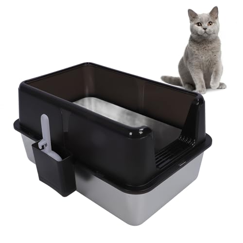 Edelstahlkatze Katzentoilette, Top -Eingang Anti -Spritzer Extra Großer Metallstreu Pan Müllschale für Katzen Trainieren Innenräume (Black) von BAOFUYA