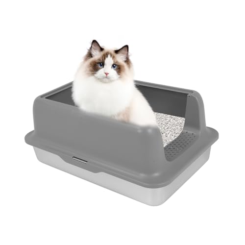 Katzentoilette aus Edelstahl, Spritzwassergeschützt, Hochseitige Katzentoilette, Metall-Katzentoilette für Kätzchen und Erwachsene Katzen (Grey) von BAOFUYA