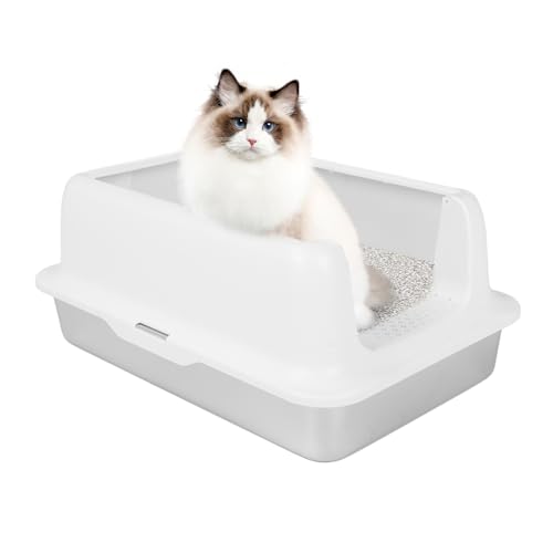 Katzentoilette aus Edelstahl, Spritzwassergeschützt, Hochseitige Katzentoilette, Metall-Katzentoilette für Kätzchen und Erwachsene Katzen (White) von BAOFUYA