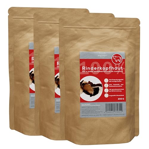 BARFAWAY Rinderkopfhaut, gefriergetrockneter Kausnack mit Fell für Hunde, 100% natürlich ohne Zusätze, Deutsche Herstellung, geruchsneutral, 3er Pack (3 x 200 g) von BARFAWAY