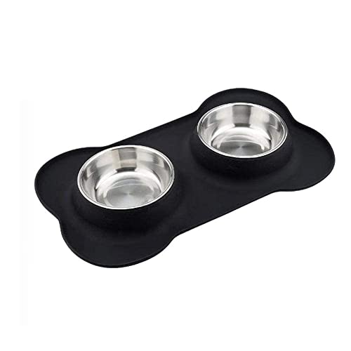 BARGAIN4ALL Doppelter Futternapf für Hunde, mit Aufdruck auf der Unterseite, rutschfeste Silikonmatte, gesundes Essen, für Haustiere, Edelstahl-Doppelnäpfe von BARGAIN4ALL