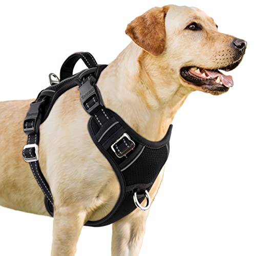 BARKBAY Hundegeschirr, kein Ziehen, 3 Schnallen, groß, reflektierend, mit Frontclip und einfacher Kontrolle, Griff für Spaziergänge, Training, Laufen, mit ID-Etiketten-Tasche (schwarz, L) von BARKBAY