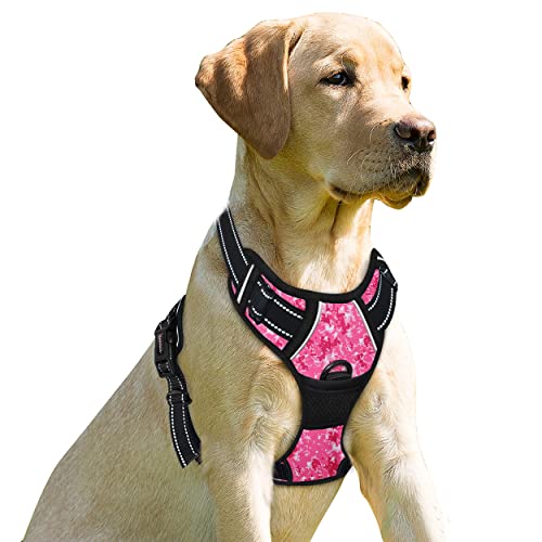 BARKBAY Hundegeschirr, kein Ziehen, mit Clip, strapazierfähig, reflektierend, einfach zu kontrollieren, für große Hunde (Rosa Camo, Größe L) von BARKBAY