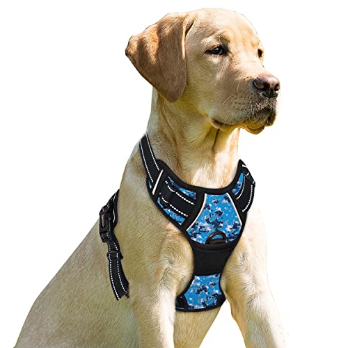 BARKBAY Hund Brustgeschirr, kein Ziehen, mit Clip, strapazierfähig, reflektierend, einfach zu kontrollieren, für große Hunde (blaue Camouflage, M) von BARKBAY