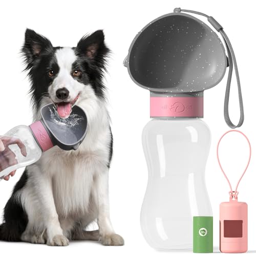 Hunde-Wasserflasche, auslaufsicher, tragbar, Welpenwassernapf, Spender mit Trinkfutterspender für Haustiere, Spaziergänge im Freien, Wandern, Reisen (grau-rosa, 590 ml) von BARKIE