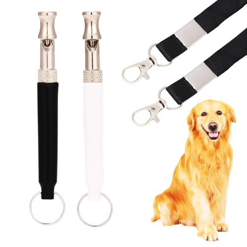 Hundepfeife 2 Pack mit einstellbarer Frequenz, Ultraschall leise Hundepfeife, um das Bellen von Nachbarn Hund zu stoppen, Schleppzughunde mit großer Reichweite, mit Umhängeband (Schwarz und Weiß) von BARKIE