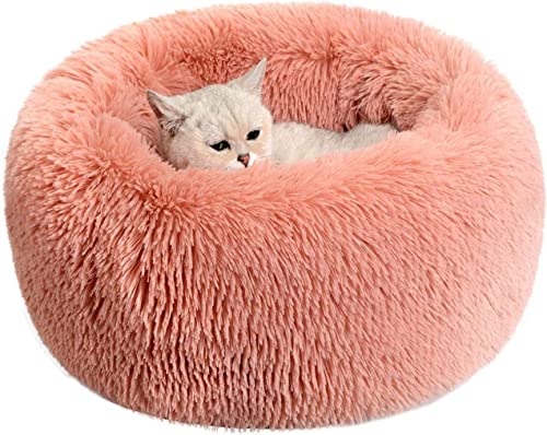 BAROMGA Katzen Hundebett Plüsch Flauschig Donut Kuschelkissen Waschbar Rundes Kissen Tiefschlaf Ergonomische Konturmatratze Beruhigend Lang Kunstfell Hundebetten Rosa XS von BAROMGA