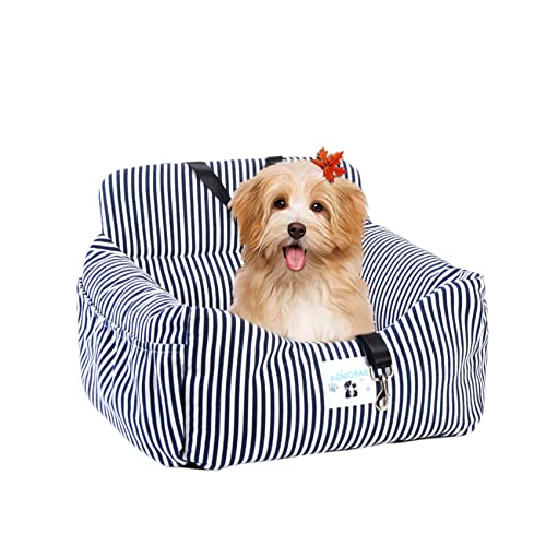 BAROMGA Welpenautositz für kleine Hunde, Pet Booster Autositz für mittelgroße Hunde innerhalb von 11,3 kg, verstärktes Hundeauto-Sitzgeschirr mit Sicherheitsgurt, blau und weiß dick gestreift von BAROMGA