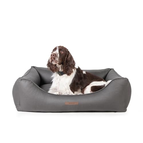 BASE 4 PETS Hundebett Kunstleder Vouge 100x75x24 cm- Orthopädisches Hundebett für Mittelgroße und Grosse Hunde - Kudde Hundebett, Orthopädisch - Hundebett Abwaschbar - Lederoptik Leder (Dunkelgrau) von BASE 4 PETS