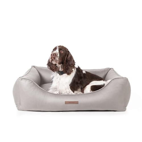 BASE 4 PETS Hundebett Kunstleder Vouge 120x90x25 cm- Orthopädisches Hundebett für Mittelgroße und Grosse Hunde - Kudde Hundebett, Orthopädisch - Hundebett Abwaschbar - Lederoptik Leder (Hellgrau) von BASE 4 PETS