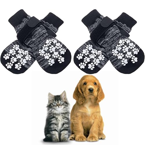 2 Paar Indoor Anti-Rutsch Socken für Hunde Hundesocken Anti-Rutsch Weicher Verstellbarer Pfotenschutz mit Riemen Traktionskontrolle Hundesocken Pfotenschutz Anti Rutsch Outdoor Indoor, Grau (L) von BASTOUR