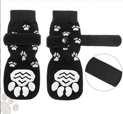 2 Paar Indoor Anti-Rutsch Socken für Hunde Hundesocken Anti-Rutsch Weicher Verstellbarer Pfotenschutz mit Riemen Traktionskontrolle Hundesocken Pfotenschutz Anti Rutsch Outdoor Indoor, Schwarz (S) von BASTOUR