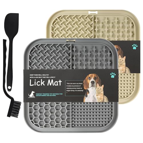 BASVII Schleckmatte Katze 2er Pack - Silikon Schleckmatte Hund mit Saugnäpfen, Starker Saugkraft, Verlangsamen Fressen Katzen und Hunden - Leckmatte Katze mit Spatel und Bürste von BASVII