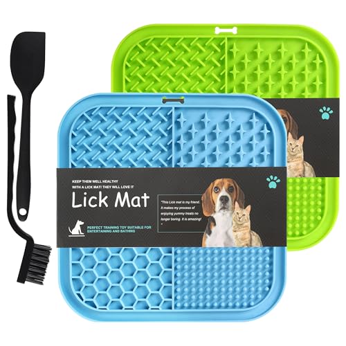 BASVII Schleckmatte Katze 2er Pack - Silikon Schleckmatte Hund mit Saugnäpfen, Starker Saugkraft, Verlangsamen Fressen Katzen und Hunden - Leckmatte Katze mit Spatel und Bürste von BASVII