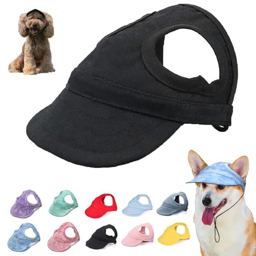 Sonnenschutzhaube für Hunde im Freien, Sonnenhut für Hunde aus Segeltuch, Baseballmütze für Hunde, verstellbare Baseballmütze für Hunde mit Ohrlöchern und verstellbarem Nackenband (L,Schwarz) von BAWUTZ