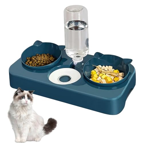 Doppelnapf für Katzen Futternapf, 3 in 1 Automatisierte Futternapf und Wasserspender für Katze Hund 8° Doppelnapf Reduzieren Sie Nackenschmerzen für Katzen und Hunde Abnehmbar (Blau) von BAYINBROOK