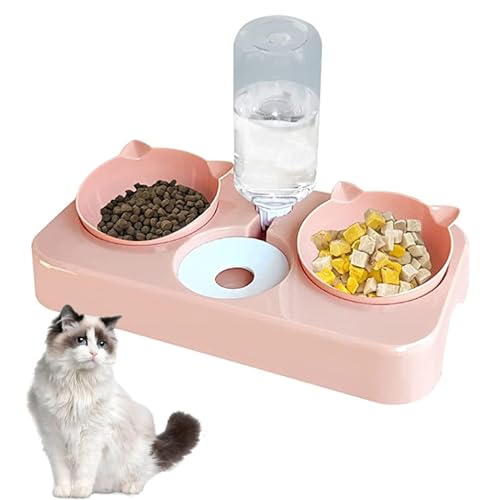 Doppelnapf für Katzen Futternapf, 3 in 1 Automatisierte Futternapf und Wasserspender für Katze Hund 8° Doppelnapf Reduzieren Sie Nackenschmerzen für Katzen und Hunde Abnehmbar (Rosa) von BAYINBROOK