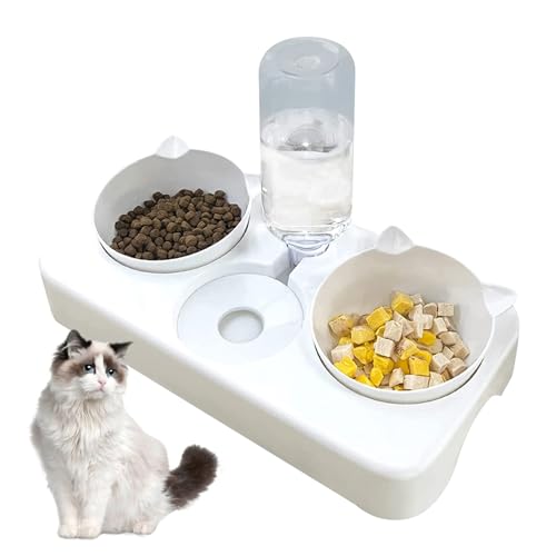 Doppelnapf für Katzen Futternapf, 3 in 1 Automatisierte Futternapf und Wasserspender für Katze Hund 8° Doppelnapf Reduzieren Sie Nackenschmerzen für Katzen und Hunde Abnehmbar (Weiß) von BAYINBROOK