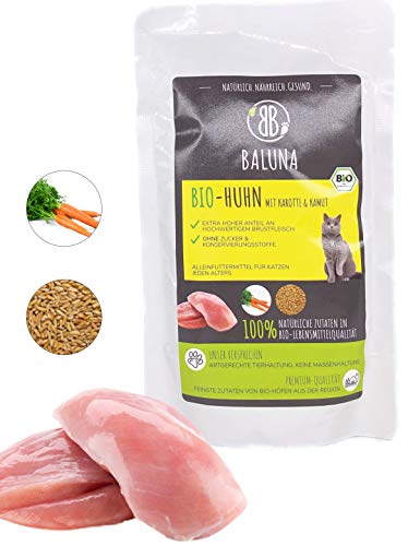 Baluna Bio Katzenfutter | Von Bio-Höfen aus der Region | Hergestellt in DEU | Hoher Fleischanteil (Bio-Huhn, 15x100g) von BB BALUNA