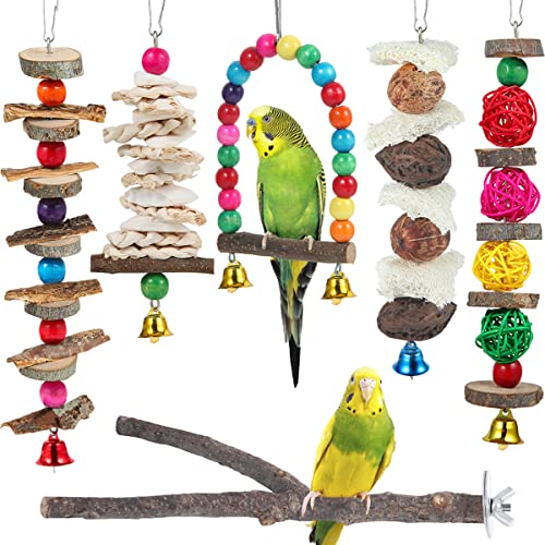 Vogelspielzeug, Sittichspielzeug, 6 Stück, Vogelkäfig-Zubehör, Holzkauspielzeug, Sitzstange für Papageien, Nymphensittiche, Papageien, Wellensittiche, Finken und andere kleine bis mittelgroße Vögel von BBjinronjy