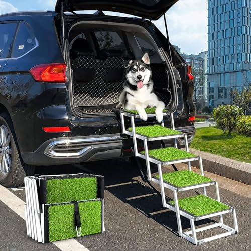 Tragbare Kunstrasen-Hundetreppe, breiteste 33 cm, 5-stufige Hunderampe für große Hunde, 70 kg Tragfähigkeit, Faltbare Hunderampe, für Auto, LKW und SUV von BDJSN