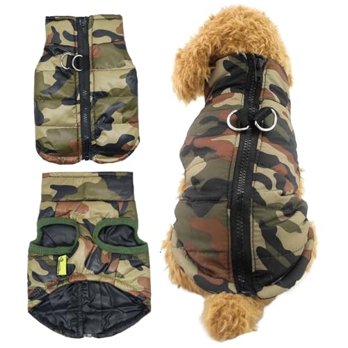 Hundeweste, Camo Hundeweste mit Leinenhaken warm und gemütlich Camouflage Hundeweste mit Reißverschluss leicht an und abziehen wasserdichte kleine Hundelemant für den Winter für 1,5-2,5 kg Hund von BEAHING