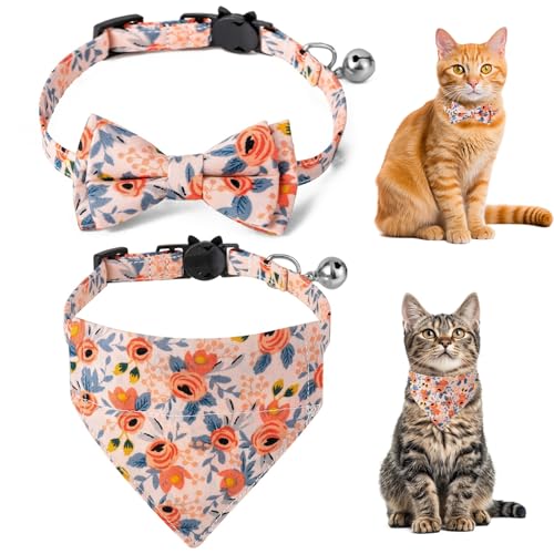 Katze Fliege, 2-pcs-Katzenkragen mit Fliege und Glocke, Verstellbarer Katzenkragen mit Blumenmuster, weiche hautfreundliche Baumwollkatze Fliege für stilvolle Katzen und kleine Hunde, Katzenkragen von BEAHING