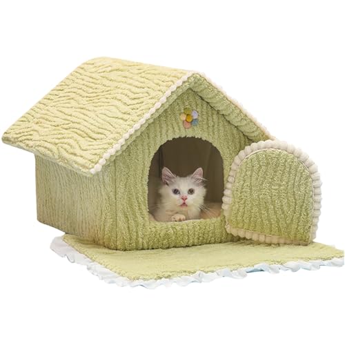 Katzenbetthaus, 19.7x15.6x17,32 Zoll abnehmbares Innenkatze mit Kissen, weiche Non -Slip -Katze -Höhlenbett -Waschbecken niedliche Katzenhöhlen für Innenkatzen Hunde grün, Katzenhäuser für Innenkatze von BEAHING