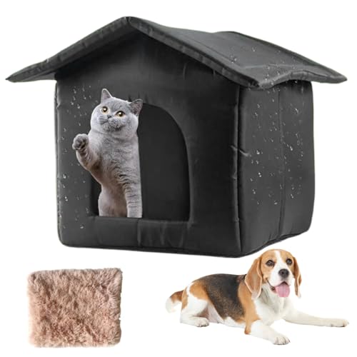 Katzenhaus im Freien, Katzenhaus im Freien wetterfeste Thermal Oxford Stoff Outdoor Katzenschutz mit Kissen und Reißverschluss -Deckelschwamm außerhalb des Katzenhauses mit Türvorhang für kleine stre von BEAHING