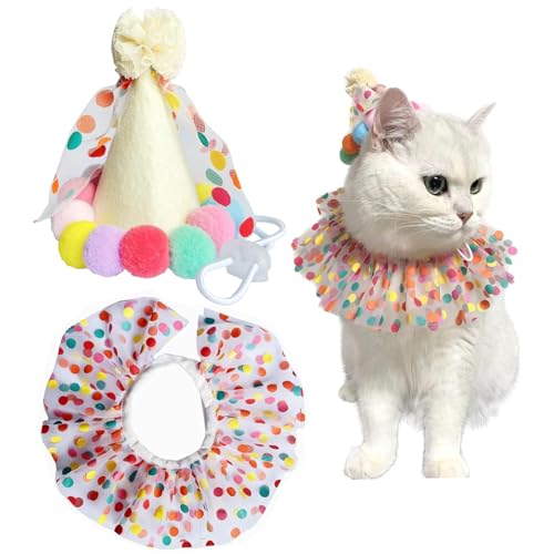 Pet Birthday Hat Schal Set, Pet Birthday Hut und Polka Dot Spitze Laborkragen, Süßigkeiten Colored wiederverwendbares Welpe Katze Kopfschmuck Hut Kostüm Party Dekoration Accessoires, Hundeparty Hut von BEAHING