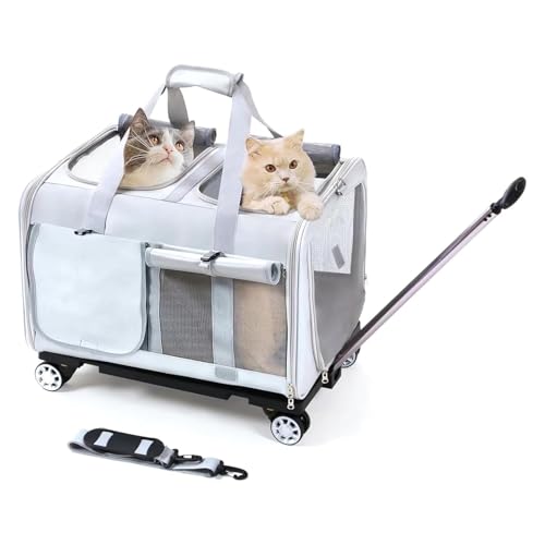 BEAUTYMONKEY.K Katzentransporttasche mit Rädern & Abnehmbarem Untergestell – 2-Kammer-Design Transportbox Trolley für 2 Katzen, Atmungsaktives Mesh – Ideal für Tierarzt, Autoreisen(55x44x33cm) von BEAUTYMONKEY.K