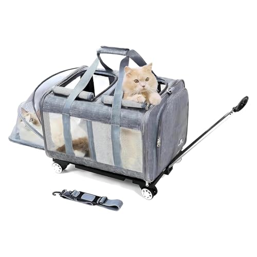 BEAUTYMONKEY.K Katzen Transporttasche mit Rädern & Abnehmbarem Untergestell – 2-Kammer-Design Transportbox Trolley Groß für 2 Katzen – Ideal für Tierarzt, Autoreisen(55x44x33cm) von BEAUTYMONKEY.K