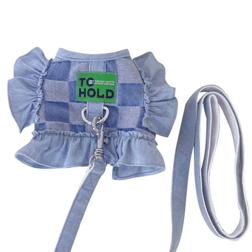 Hundekleidung geeignet für Teddybären, Haustierkleidung aus Denim mit Schachbrettmuster, Haustierleine + Weste und Rückenset (M/Brust 42cm/Rücken 13cm/Gewicht 2,5-3,5kg,Blau) von BEAUTYMONKEY.K