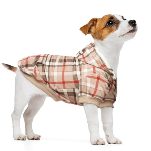 BEAUTYZOO Hunde-Kapuzenpullover für kleine, mittelgroße und große Hunde, kariert, mit Loch für die Leine, warmer Fleece-Haustier-Kapuzenmantel, Welpenpullover, französische Bulldogge, Beige, Größe XS von BEAUTYZOO