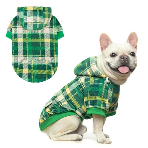 BEAUTYZOO Hunde-Kapuzenpullover für kleine, mittelgroße und große Hunde, kariert, mit Loch für die Leine, warmer Fleece-Haustier-Kapuzenmantel, Welpenpullover, französische Bulldogge, Grün, Größe S von BEAUTYZOO