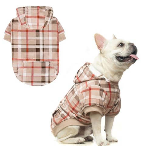 BEAUTYZOO Hunde-Kapuzenpullover für kleine, mittelgroße und große Hunde, karierte Hunde-Sweatshirts mit Loch für die Leine, warmer Fleece-Haustier-Kapuzenmantel, Welpenpullover, französische von BEAUTYZOO