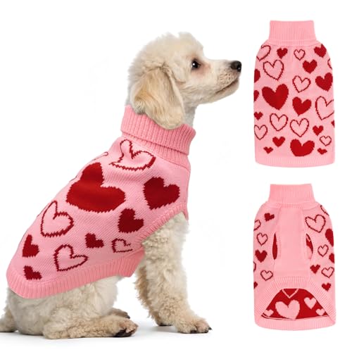 BEAUTYZOO Hundepullover für kleine Hunde, Mädchen, Jungen, Herzmuster, Rollkragenpullover, Hundekleidung bei kaltem Wetter, Urlaubsparty, Zopfstrick, Welpenpullover, Outfit, Rosa, Größe M von BEAUTYZOO