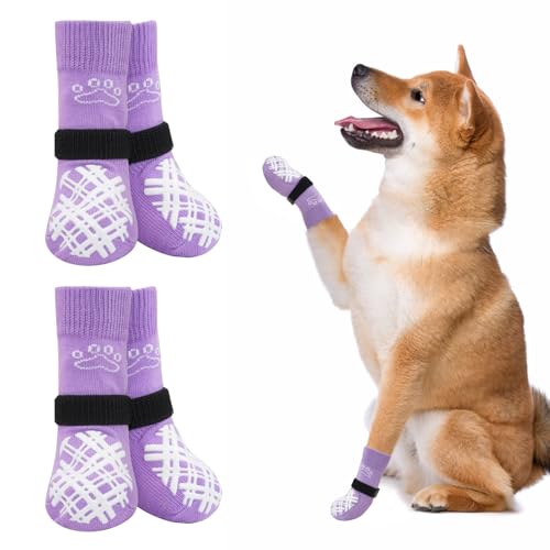 BEAUTYZOO Hundesocken für kleine, mittelgroße und große Hunde, rutschfeste Socken gegen Lecken für heiße/kalte Gehwege, Traktionskontrolle für Welpen, ältere Hunde, Lila, Größe M von BEAUTYZOO