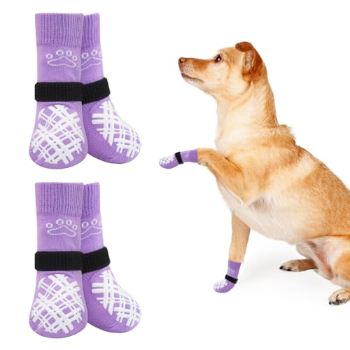 BEAUTYZOO Hundesocken für kleine, mittelgroße und große Hunde, rutschfeste Socken gegen Lecken für heiße/kalte Gehwege, Traktionskontrolle für Welpen, ältere Hunde, Lila, Größe S von BEAUTYZOO